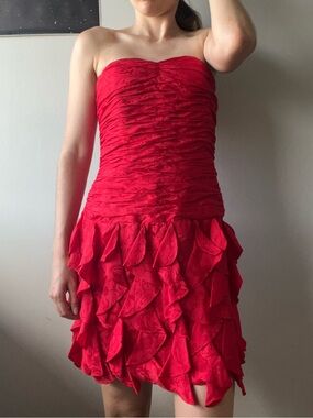 100% silk red Strapless Red Ruffle Cocktail Dress with rose flower pattern